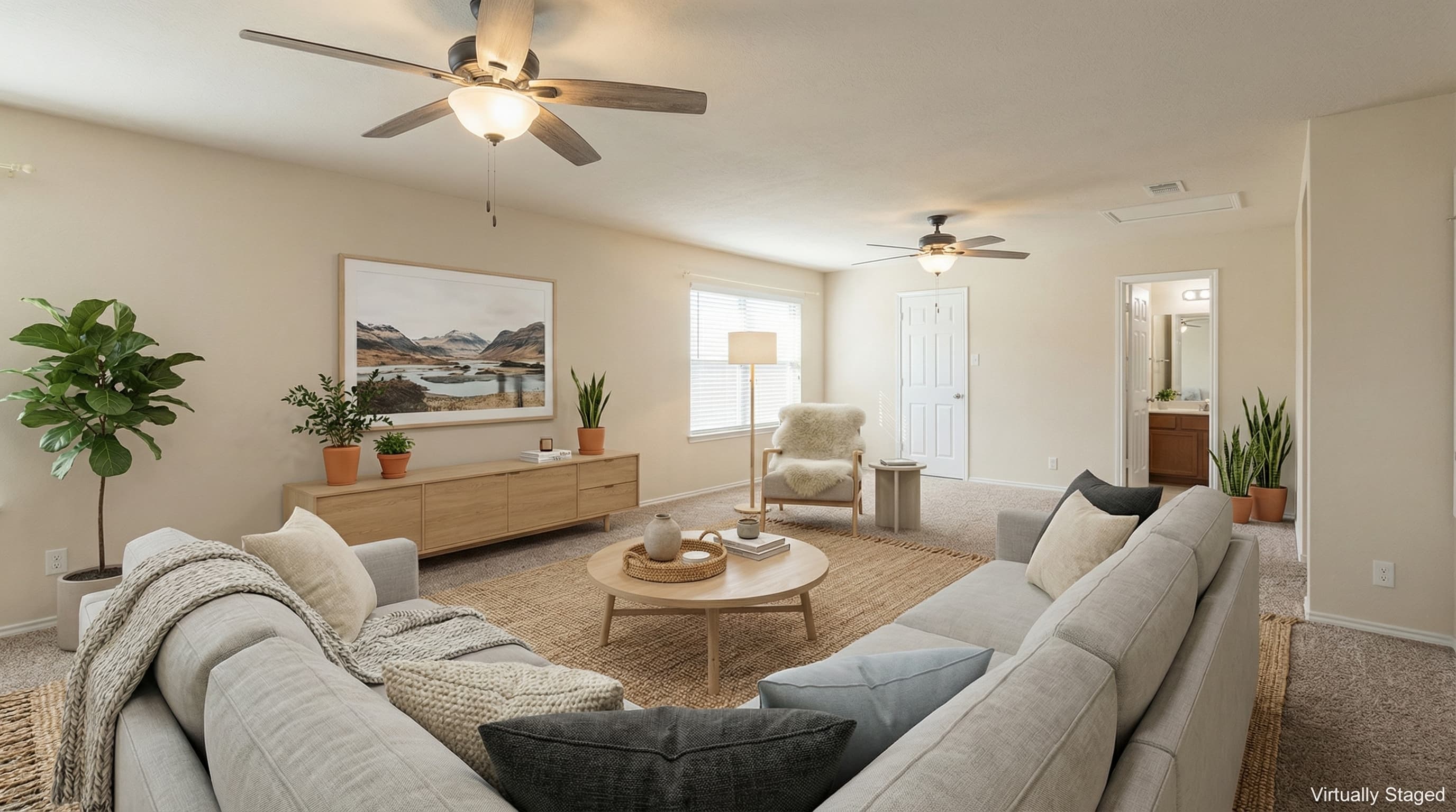 After AI virtual staging: professionally staged living room with modern furniture for an MLS listing